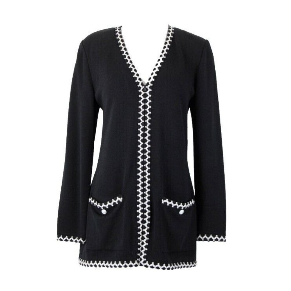 St John Collection Sz S Black White Trim Zipper Pockets Santana Knit Jacket